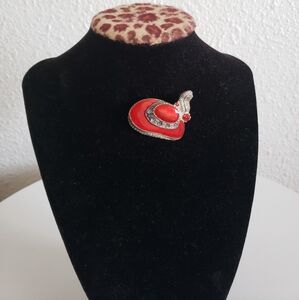 Vintage Red Enamel and Rhinestone Hat with Feather Pin Brooch